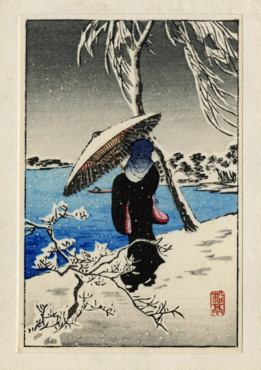 Japanese print of a person holding an umbrella in a snowy landscape scene.